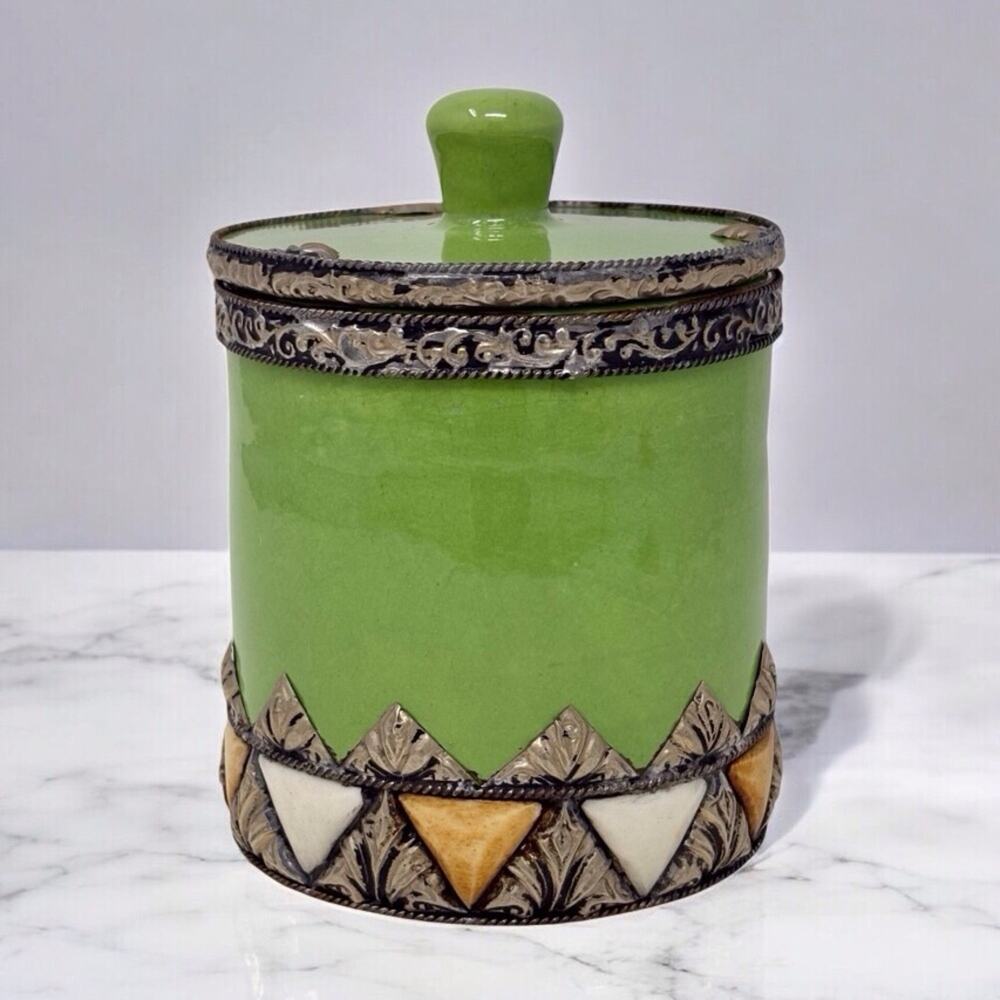 Green & Gold Gem Jar Ceramic Mid-Century Metallic Detail